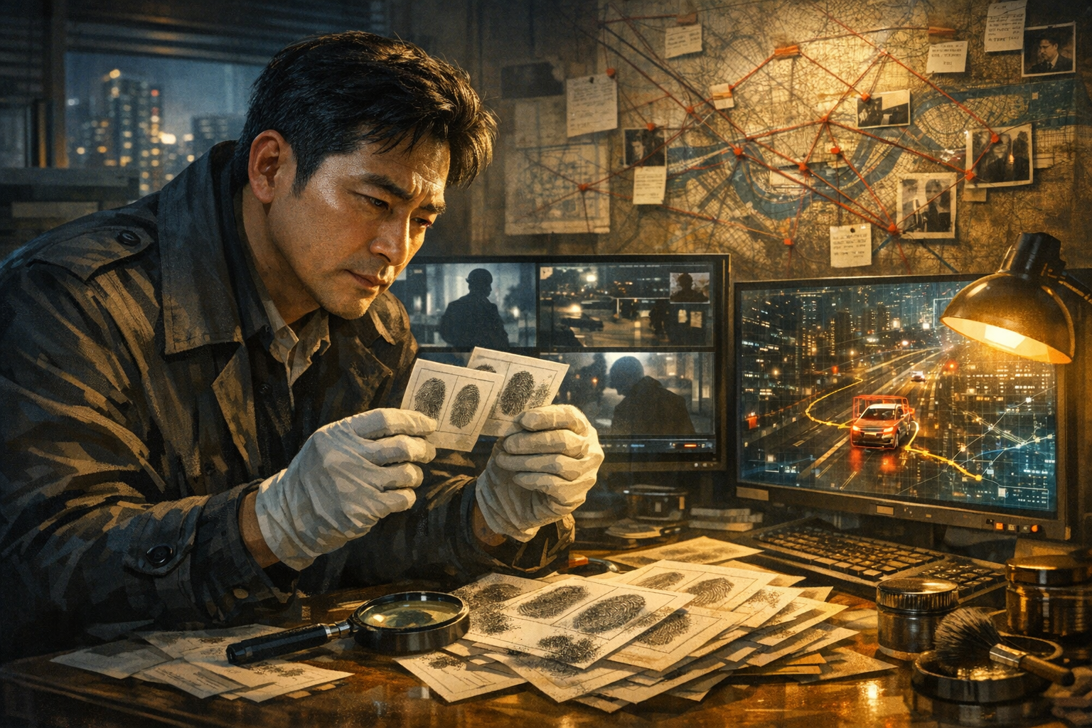 법률 문서와 조사 노트가 놓인 책상 이미지